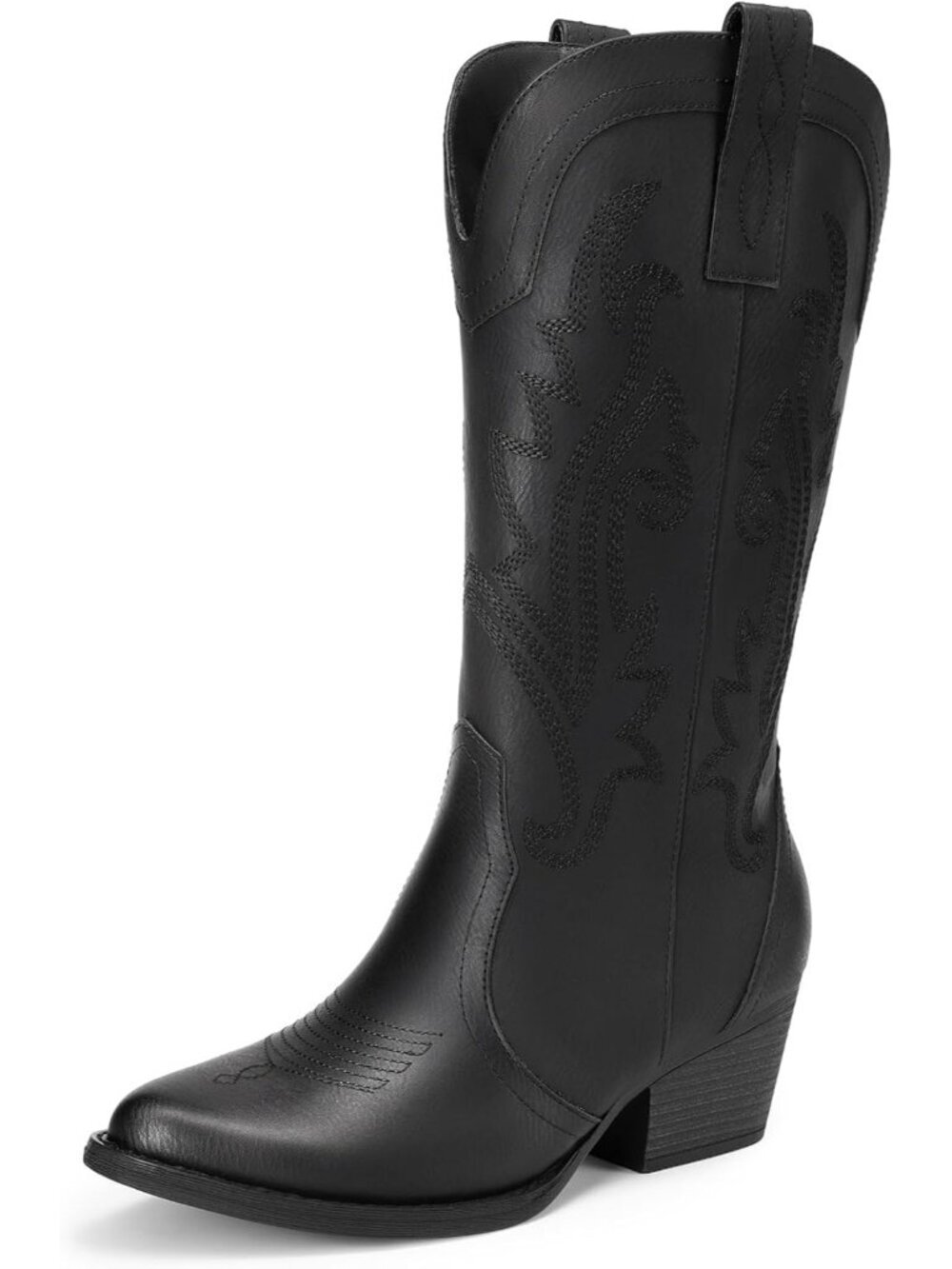 Women's Mid Calf Cowgirl Point Toe Chunky Heel Black Embroidery Western Boots